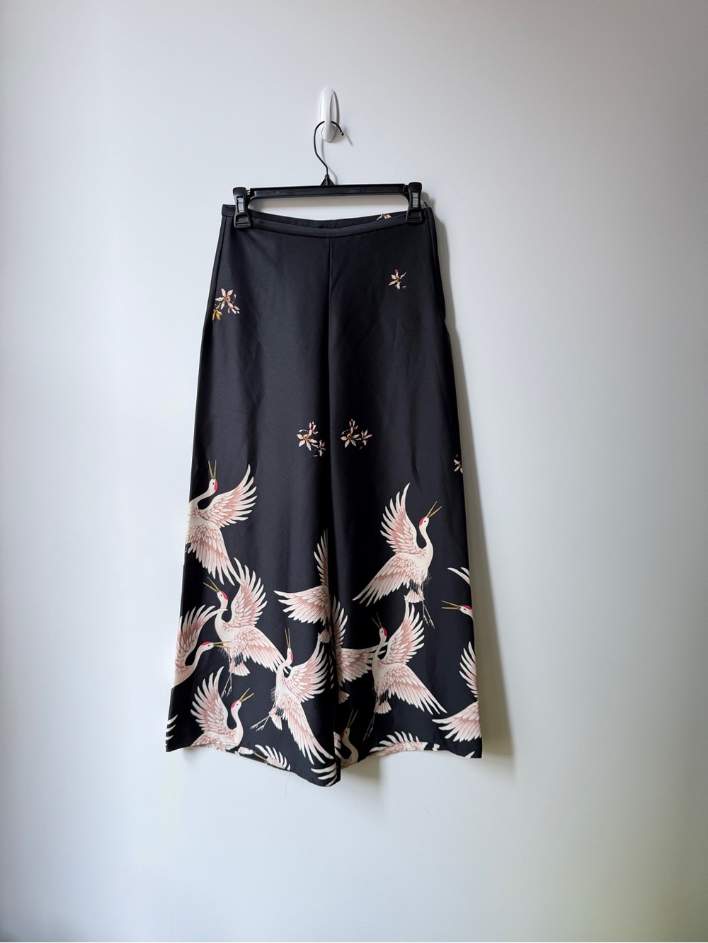 Black Maxi Skirt with Pink Crane Print